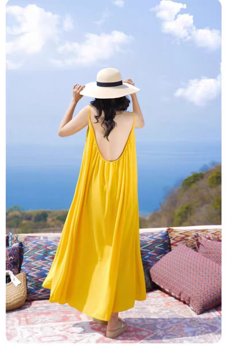 Hainan Sanya Photo Beach Dress Women's Summer Super Fairy Backless Long Dress Seaside Holiday Yellow dress