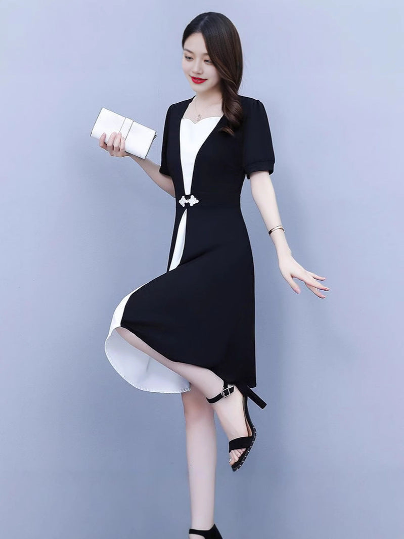 Fashion high-end summer chubby girl temperament stitching dress plus size women's belly-covering slimming temperament skirt