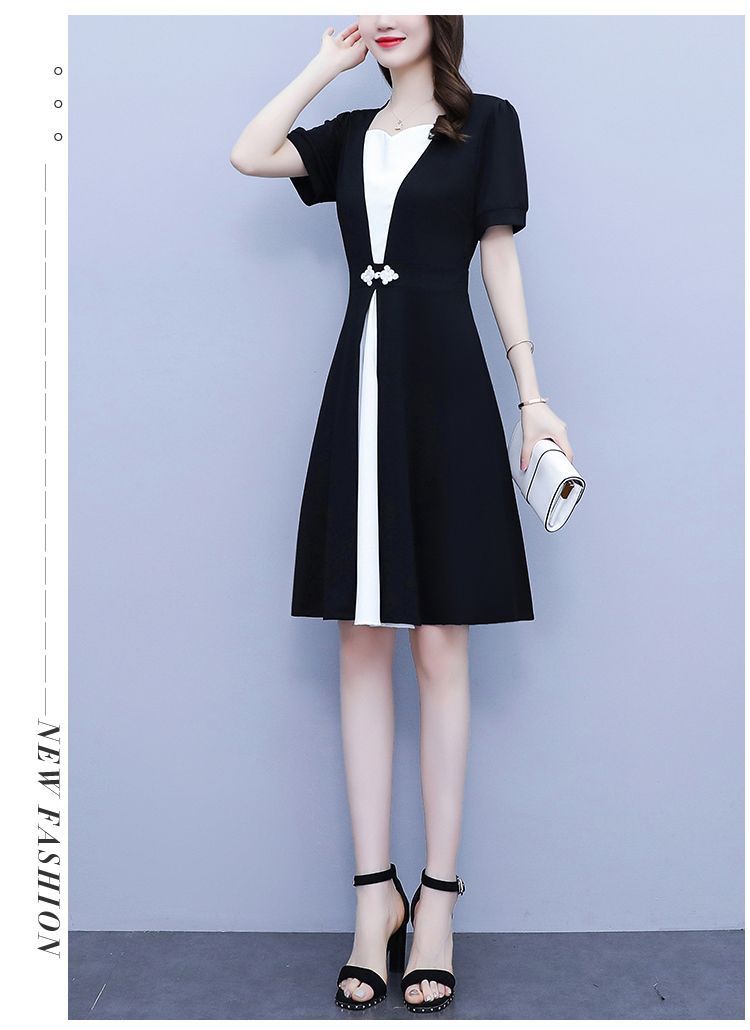 Fashion high-end summer chubby girl temperament stitching dress plus size women's belly-covering slimming temperament skirt
