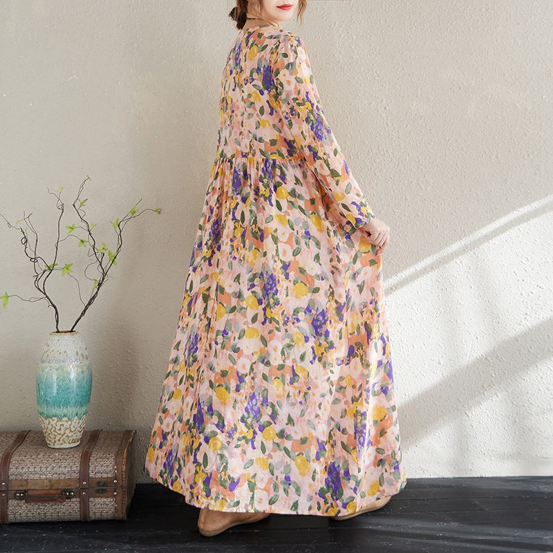 2025 Early Spring New Holiday Style Travel Long Dress Women's Round Neck Long Sleeve Retro Mask Printed Cotton and Linen dress