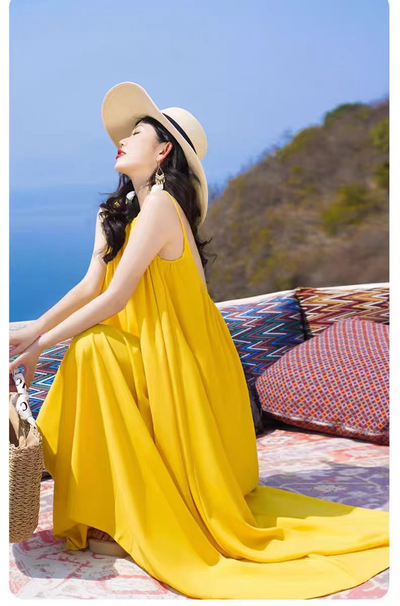 Hainan Sanya Photo Beach Dress Women's Summer Super Fairy Backless Long Dress Seaside Holiday Yellow dress