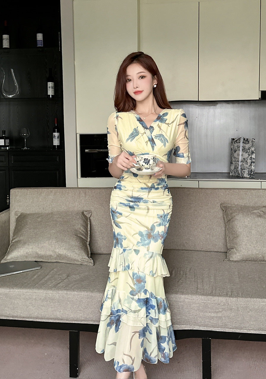2456 Summer Southeast Asia Cross-Border Foreign Trade Japanese and Korean Style Sexy Women's V-Neck Short-Sleeve Mesh Printed Slimming Long Dress