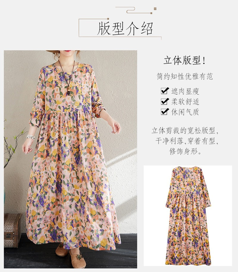 2025 Early Spring New Holiday Style Travel Long Dress Women's Round Neck Long Sleeve Retro Mask Printed Cotton and Linen dress