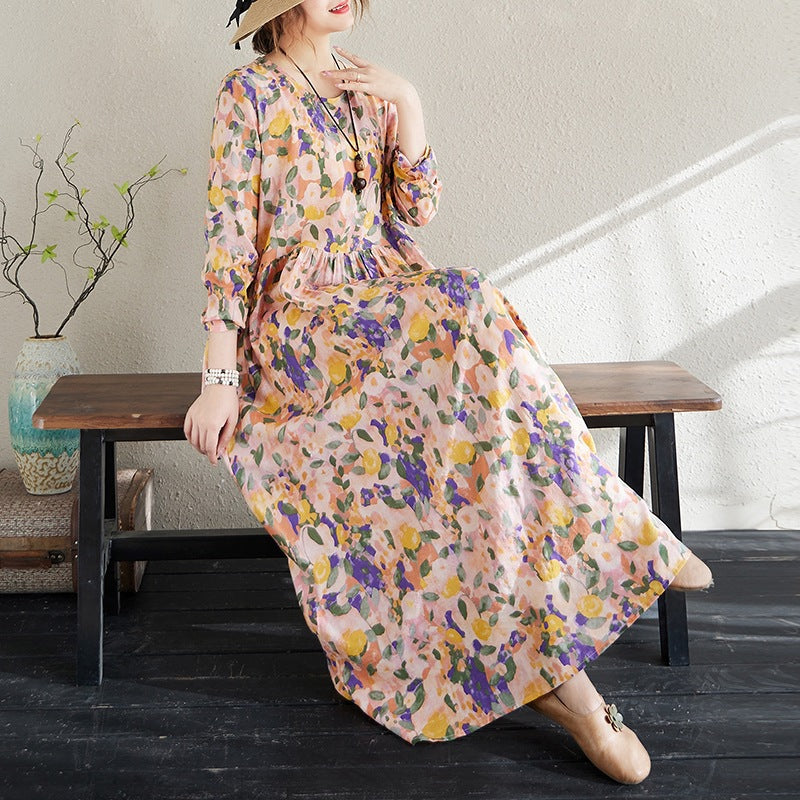 2025 Early Spring New Holiday Style Travel Long Dress Women's Round Neck Long Sleeve Retro Mask Printed Cotton and Linen dress