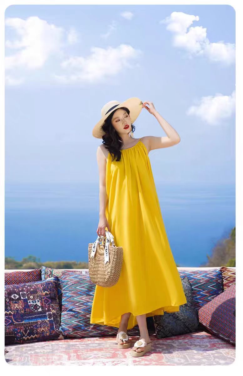 Hainan Sanya Photo Beach Dress Women's Summer Super Fairy Backless Long Dress Seaside Holiday Yellow dress