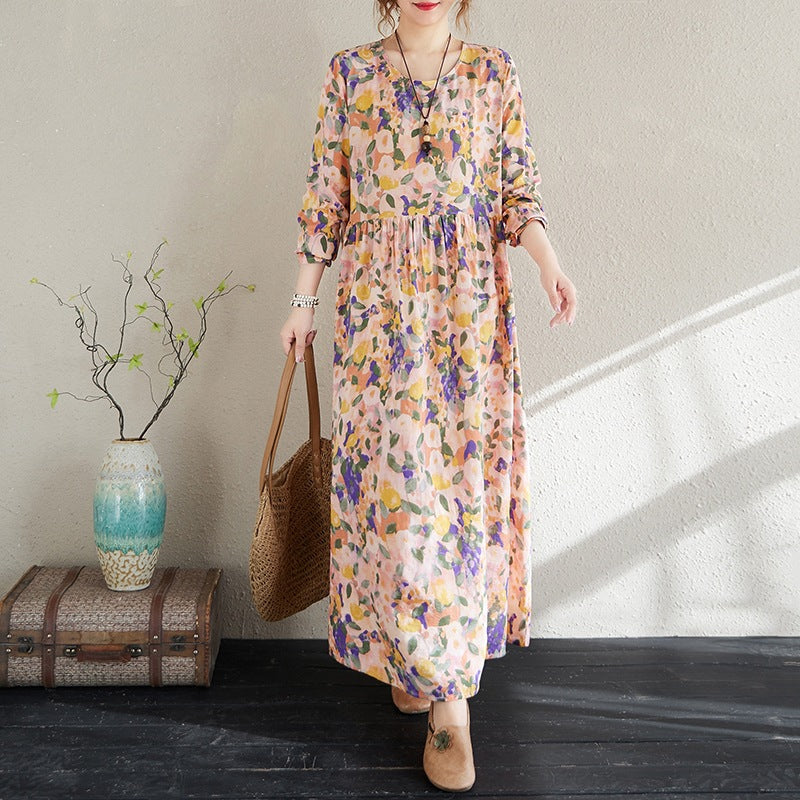 2025 Early Spring New Holiday Style Travel Long Dress Women's Round Neck Long Sleeve Retro Mask Printed Cotton and Linen dress