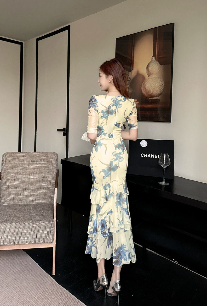 2456 Summer Southeast Asia Cross-Border Foreign Trade Japanese and Korean Style Sexy Women's V-Neck Short-Sleeve Mesh Printed Slimming Long Dress