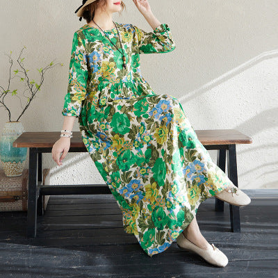 2025 Early Spring New Holiday Style Travel Long Dress Women's Round Neck Long Sleeve Retro Mask Printed Cotton and Linen dress