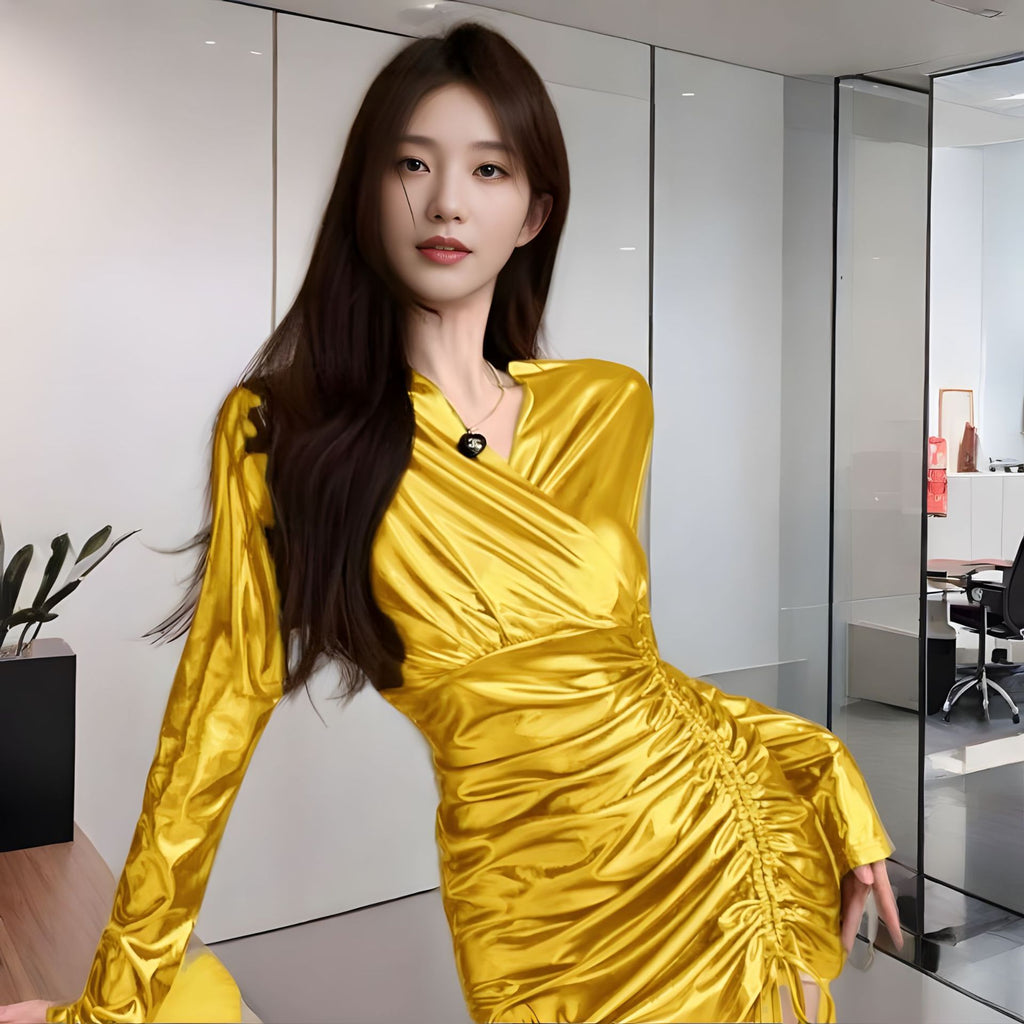 Temperament pure hot girl design gilding design new sexy V-neck irregular drawstring dress 807