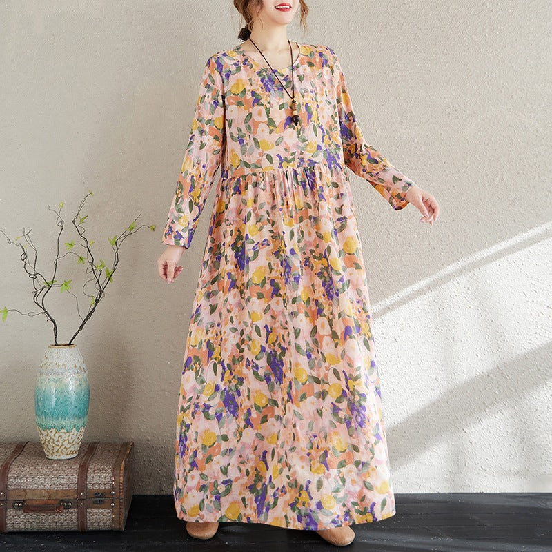 2025 Early Spring New Holiday Style Travel Long Dress Women's Round Neck Long Sleeve Retro Mask Printed Cotton and Linen dress