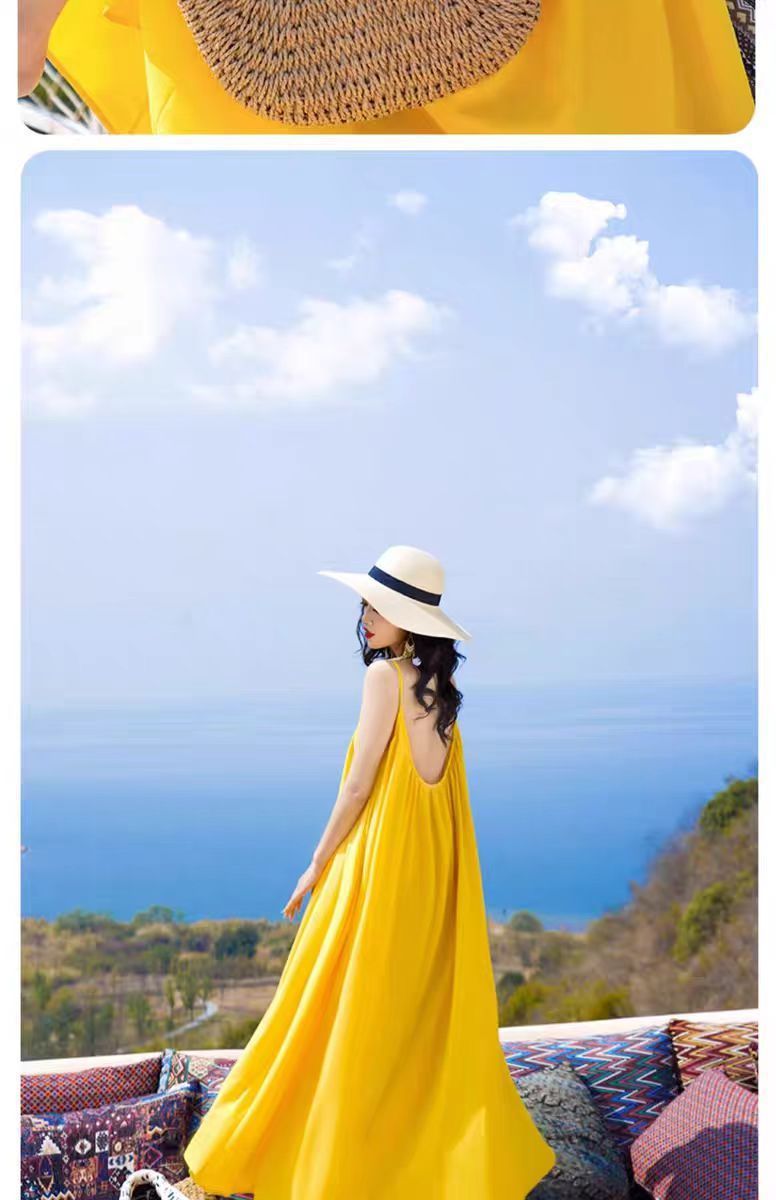 Hainan Sanya Photo Beach Dress Women's Summer Super Fairy Backless Long Dress Seaside Holiday Yellow dress