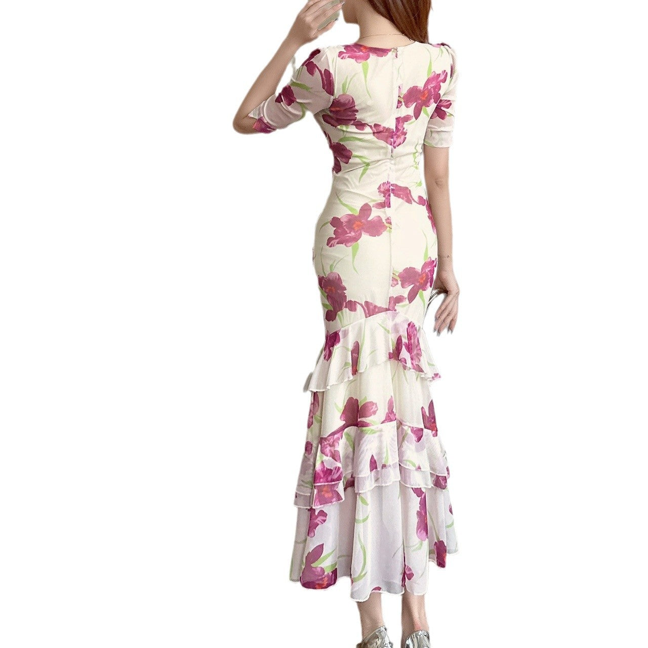 2456 Summer Southeast Asia Cross-Border Foreign Trade Japanese and Korean Style Sexy Women's V-Neck Short-Sleeve Mesh Printed Slimming Long Dress