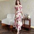 2456 Summer Southeast Asia Cross-Border Foreign Trade Japanese and Korean Style Sexy Women's V-Neck Short-Sleeve Mesh Printed Slimming Long Dress