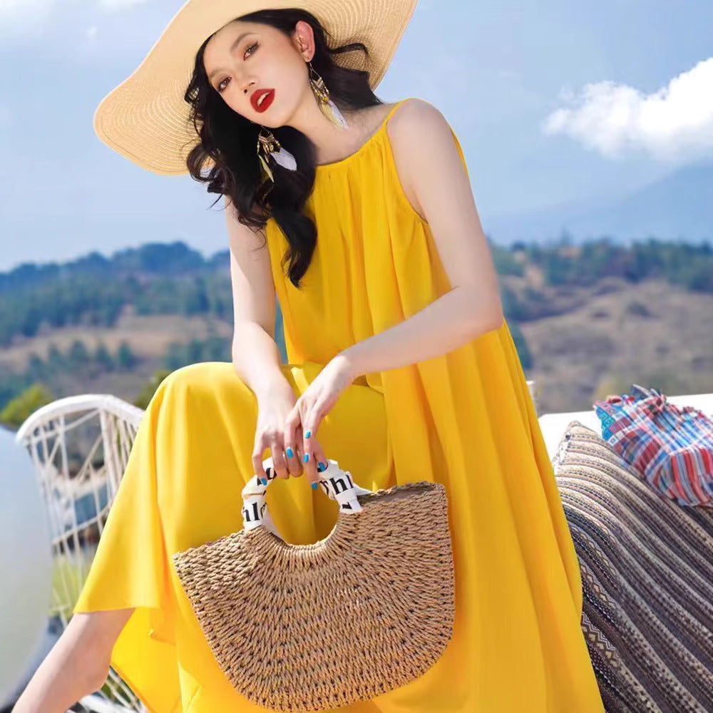 Hainan Sanya Photo Beach Dress Women's Summer Super Fairy Backless Long Dress Seaside Holiday Yellow dress