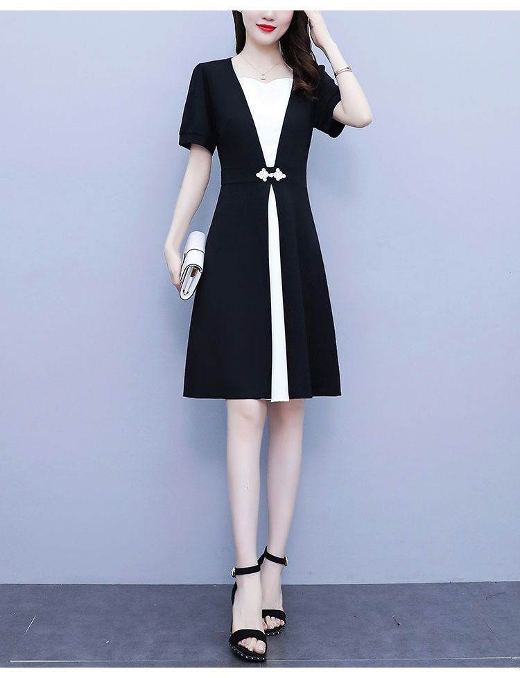 Fashion high-end summer chubby girl temperament stitching dress plus size women's belly-covering slimming temperament skirt