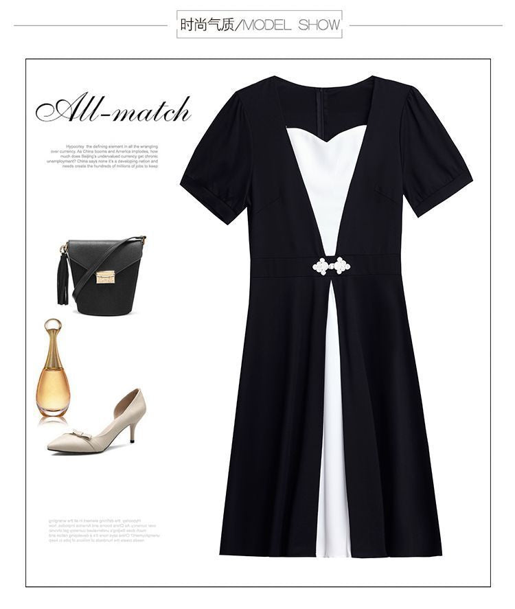 Fashion high-end summer chubby girl temperament stitching dress plus size women's belly-covering slimming temperament skirt
