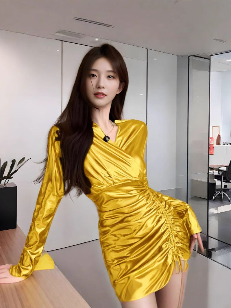 Temperament pure hot girl design gilding design new sexy V-neck irregular drawstring dress 807