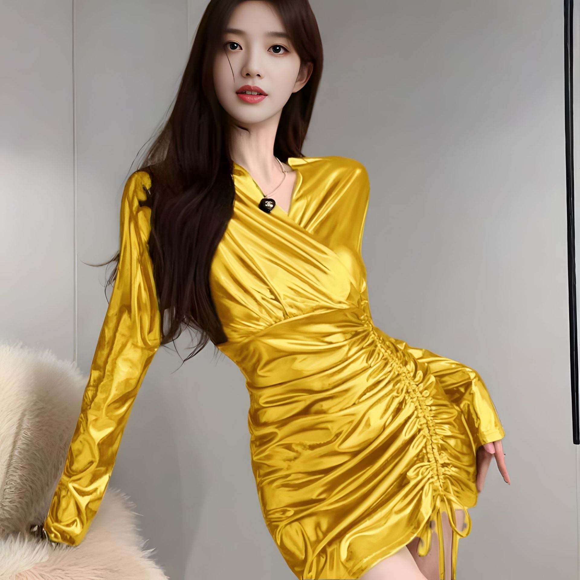 Temperament pure hot girl design gilding design new sexy V-neck irregular drawstring dress 807