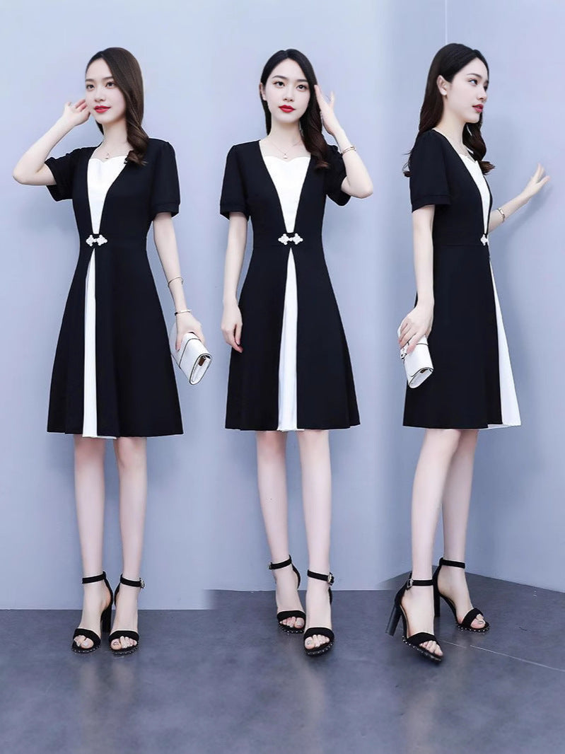 Fashion high-end summer chubby girl temperament stitching dress plus size women's belly-covering slimming temperament skirt