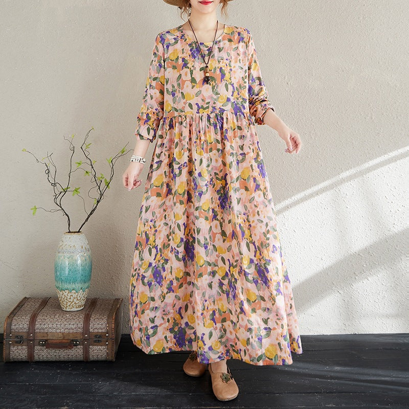 2025 Early Spring New Holiday Style Travel Long Dress Women's Round Neck Long Sleeve Retro Mask Printed Cotton and Linen dress