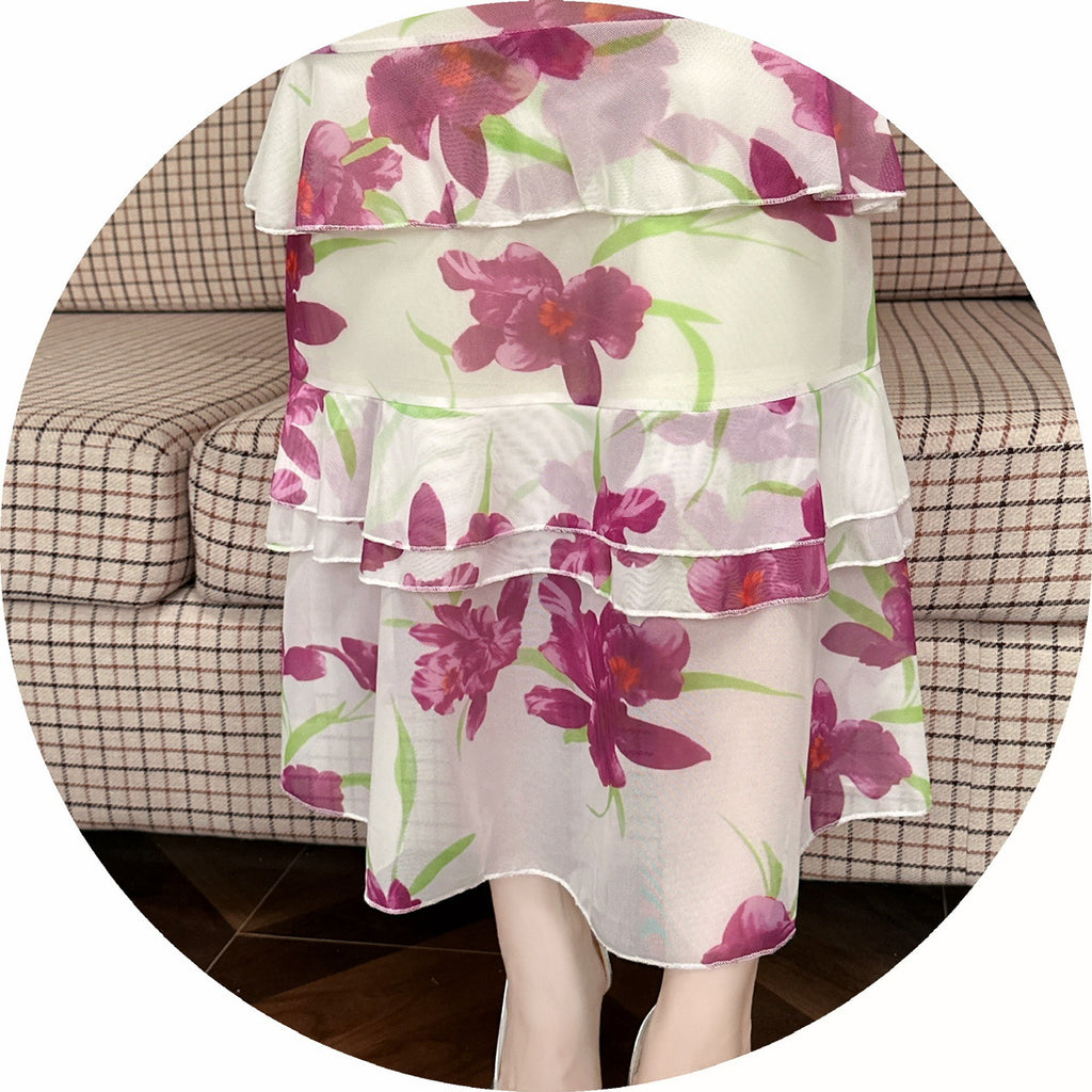 2456 Summer Southeast Asia Cross-Border Foreign Trade Japanese and Korean Style Sexy Women's V-Neck Short-Sleeve Mesh Printed Slimming Long Dress
