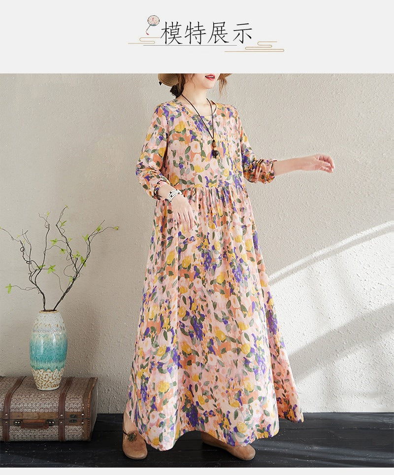 2025 Early Spring New Holiday Style Travel Long Dress Women's Round Neck Long Sleeve Retro Mask Printed Cotton and Linen dress