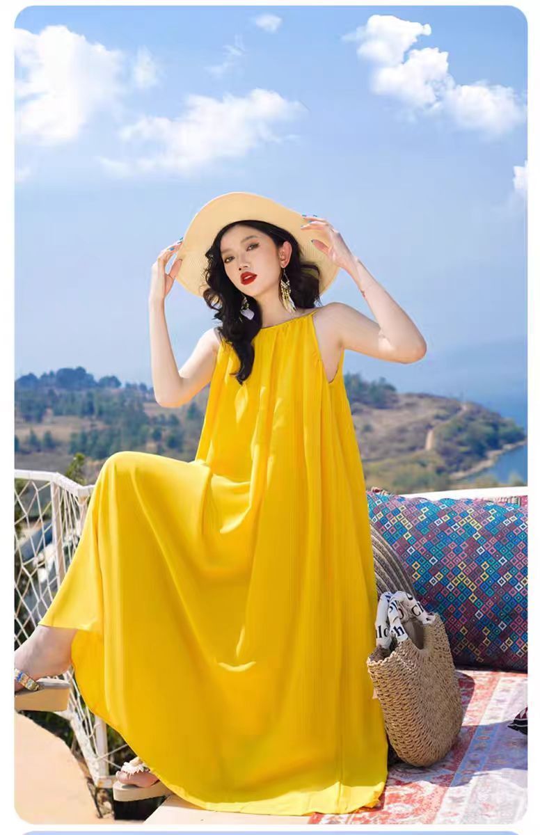 Hainan Sanya Photo Beach Dress Women's Summer Super Fairy Backless Long Dress Seaside Holiday Yellow dress