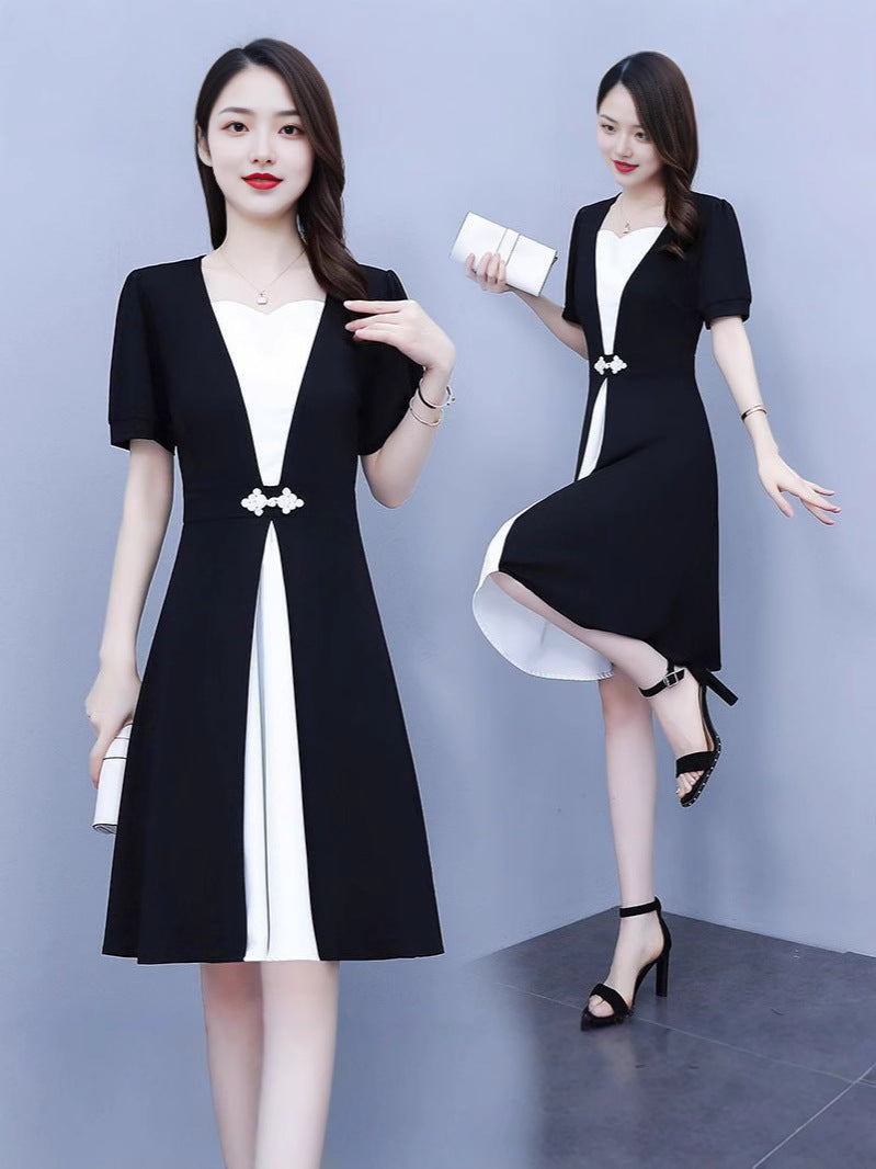 Fashion high-end summer chubby girl temperament stitching dress plus size women's belly-covering slimming temperament skirt