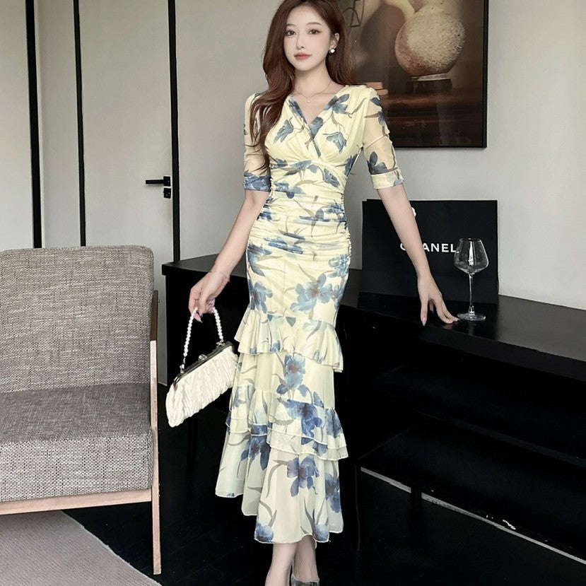 2456 Summer Southeast Asia Cross-Border Foreign Trade Japanese and Korean Style Sexy Women's V-Neck Short-Sleeve Mesh Printed Slimming Long Dress