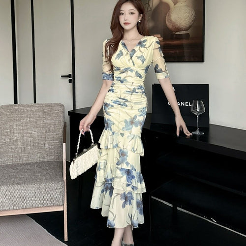 2456 Summer Southeast Asia Cross-Border Foreign Trade Japanese and Korean Style Sexy Women's V-Neck Short-Sleeve Mesh Printed Slimming Long Dress