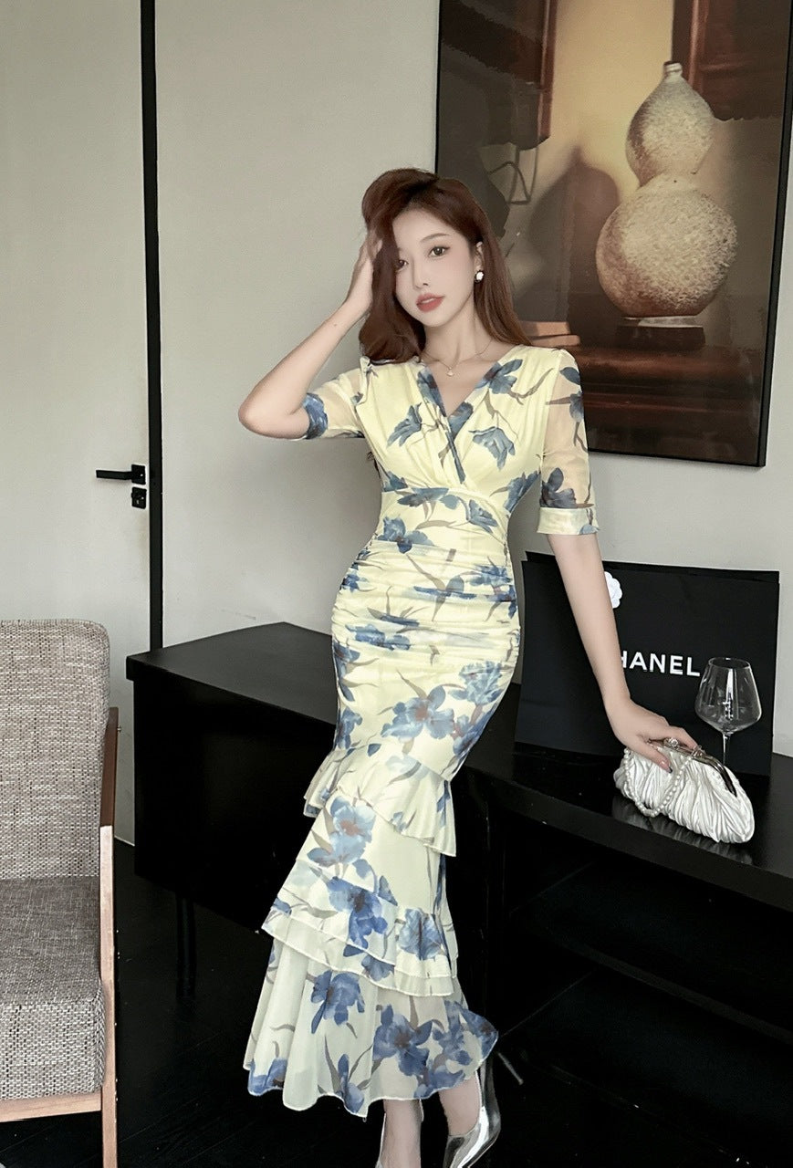 2456 Summer Southeast Asia Cross-Border Foreign Trade Japanese and Korean Style Sexy Women's V-Neck Short-Sleeve Mesh Printed Slimming Long Dress