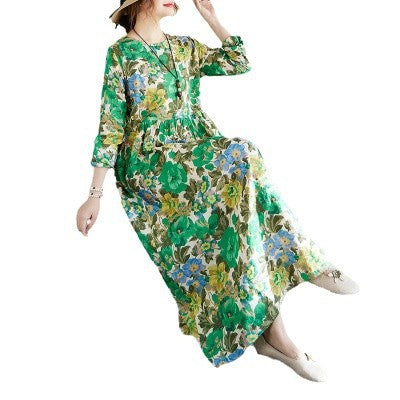 2025 Early Spring New Holiday Style Travel Long Dress Women's Round Neck Long Sleeve Retro Mask Printed Cotton and Linen dress
