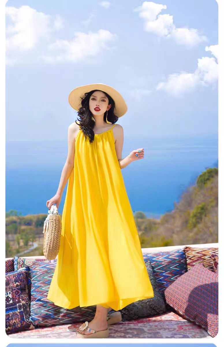 Hainan Sanya Photo Beach Dress Women's Summer Super Fairy Backless Long Dress Seaside Holiday Yellow dress