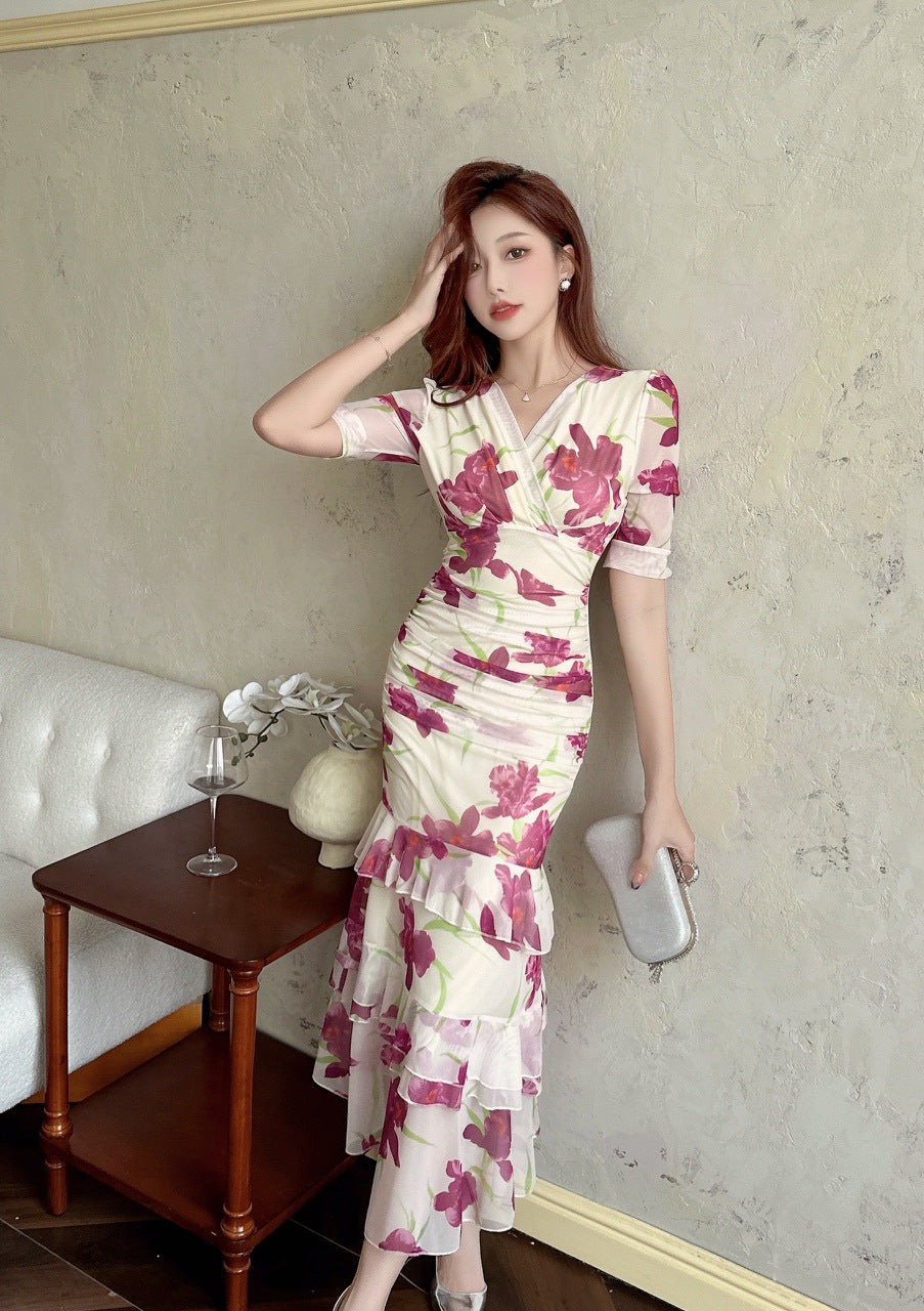 2456 Summer Southeast Asia Cross-Border Foreign Trade Japanese and Korean Style Sexy Women's V-Neck Short-Sleeve Mesh Printed Slimming Long Dress