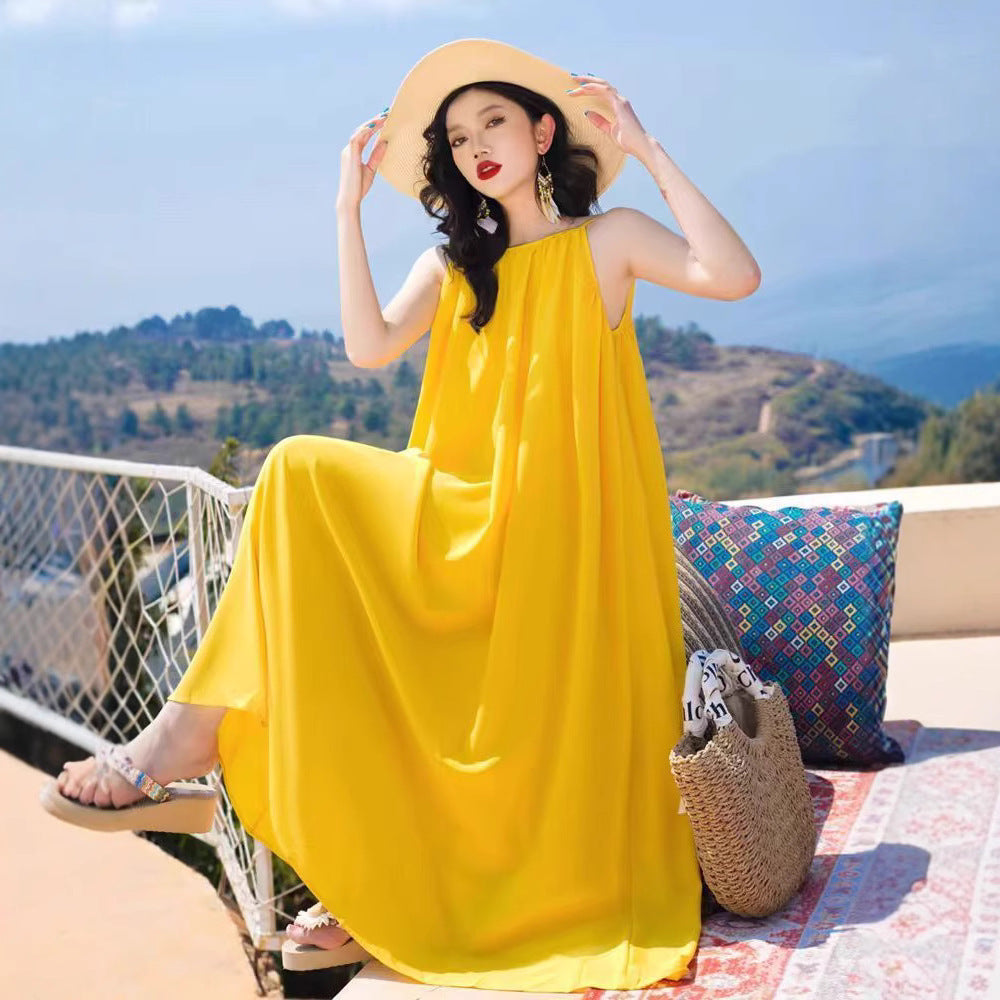 Hainan Sanya Photo Beach Dress Women's Summer Super Fairy Backless Long Dress Seaside Holiday Yellow dress
