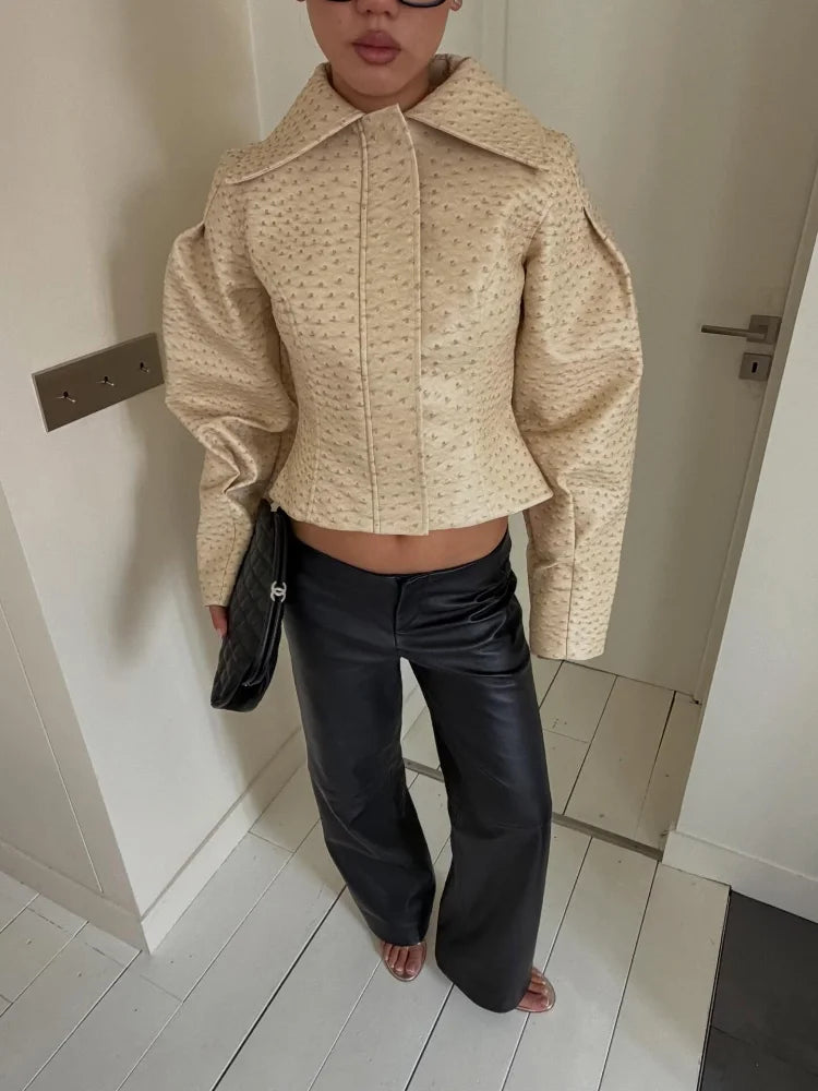 Stylish Women Cream Textured Cropped Jacket Wide Pointed Collar Structured Fit Button Front Coat Chic Women Daily Office Wear