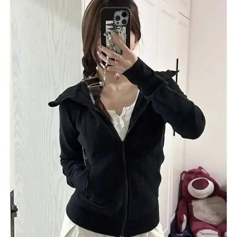 Slim Fit Hoodie Jacket Women's Spring Autumn Versatile Shoulder Length Waist Cinched Sporty Open Cardigan Hooded Top