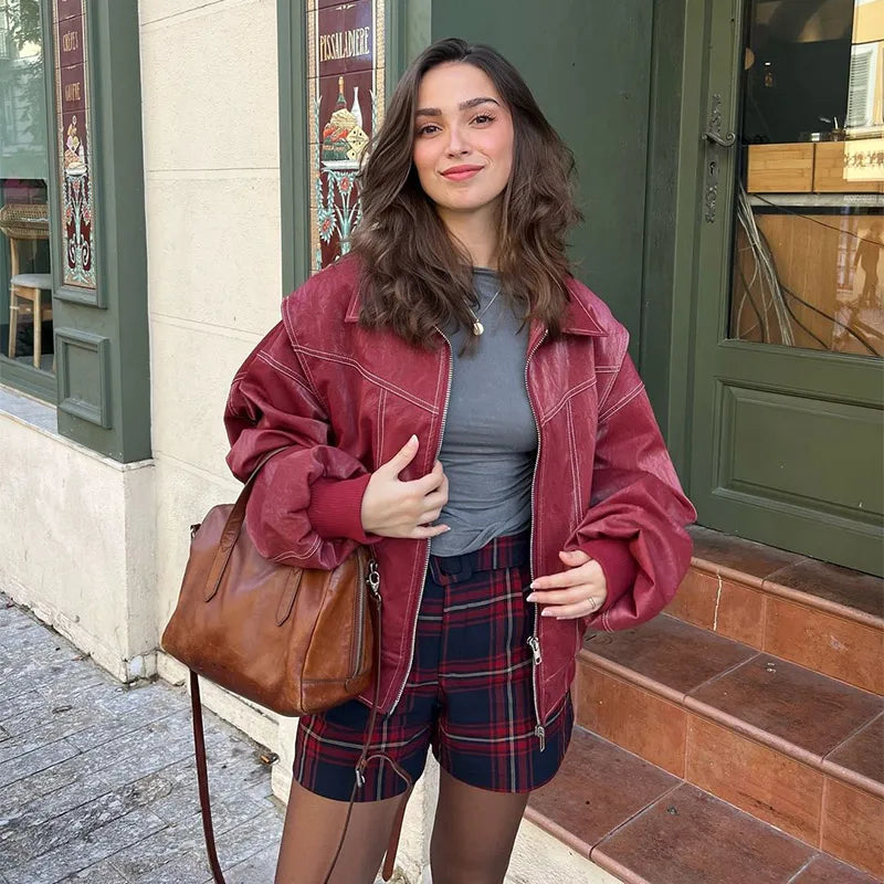 Solid Patchwork Cropped Coats Women Casual Lapel Long Sleeve Loose Zipper Pocket Short Jacket Fashion Autumn Lady Street Outwear
