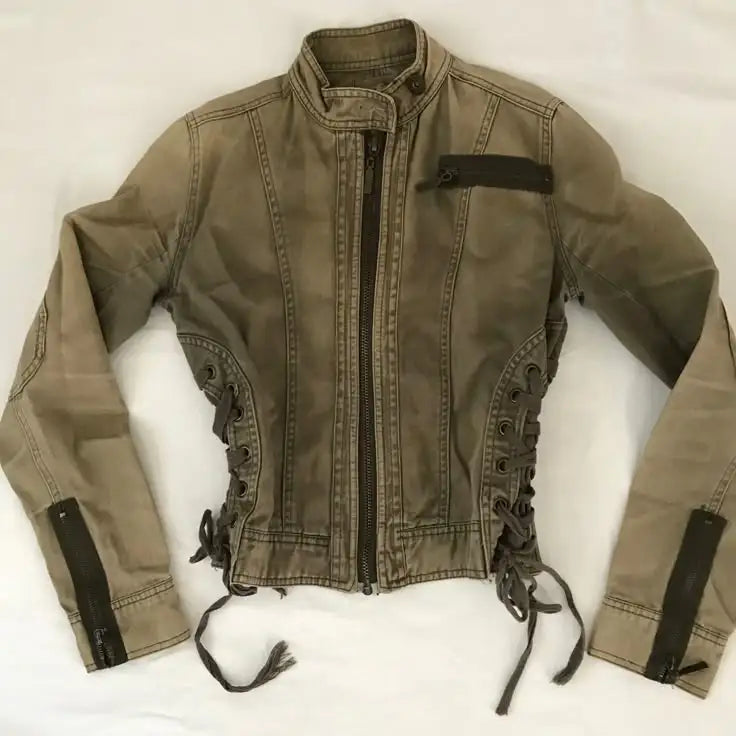 Women Y2K Gothic Punk Streetwear Vintage Washed Denim Coat Multi Zip Stand Collar Slim Waist Cropped Long Sleeve Casual Jacket