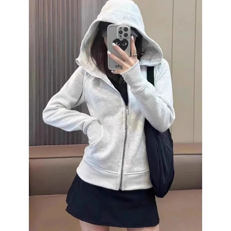 Slim Fit Hoodie Jacket Women's Spring Autumn Versatile Shoulder Length Waist Cinched Sporty Open Cardigan Hooded Top