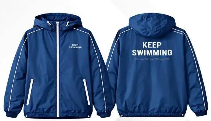 Kpop Keep Swimming Print Zipper Blue Hooded Windbreaker Jacket Men Women Men Outdoor Casual Keep Swimming Coat