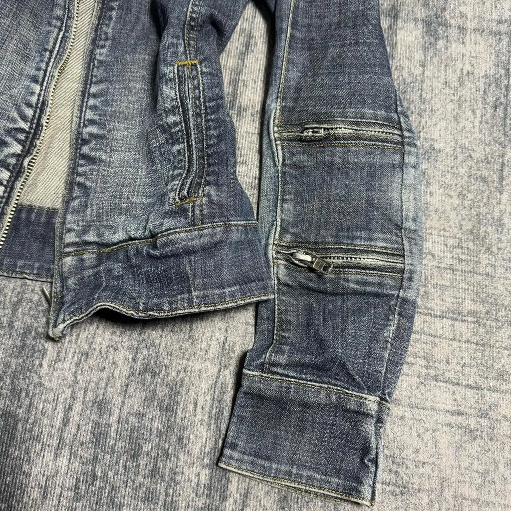 Women Y2K Gothic Punk Streetwear Vintage Washed Denim Coat Multi Zip Stand Collar Slim Waist Cropped Long Sleeve Casual Jacket