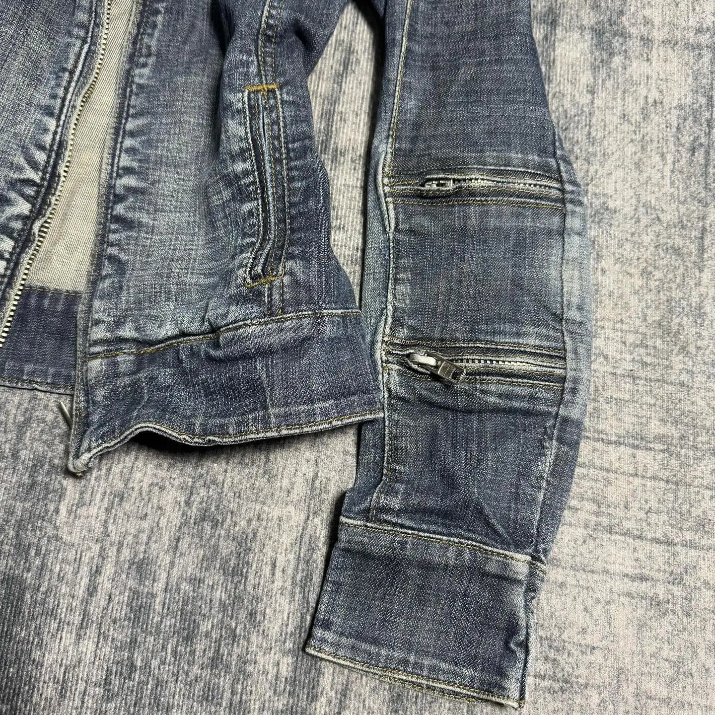 Women Y2K Gothic Punk Streetwear Vintage Washed Denim Coat Multi Zip Stand Collar Slim Waist Cropped Long Sleeve Casual Jacket