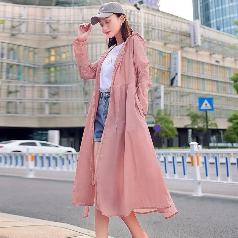 Women Clothing 2024 Women's Ultra-thin Windbreaker Mid-length Summer Sun Protection Clothes Coat Trend Korean Anti-UV Sun Cloak