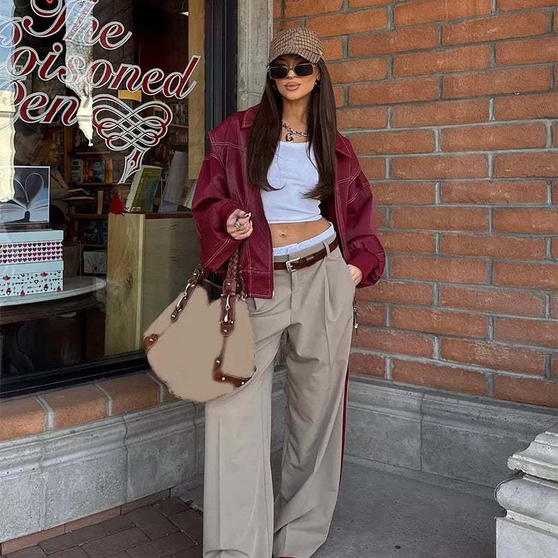 Solid Patchwork Cropped Coats Women Casual Lapel Long Sleeve Loose Zipper Pocket Short Jacket Fashion Autumn Lady Street Outwear