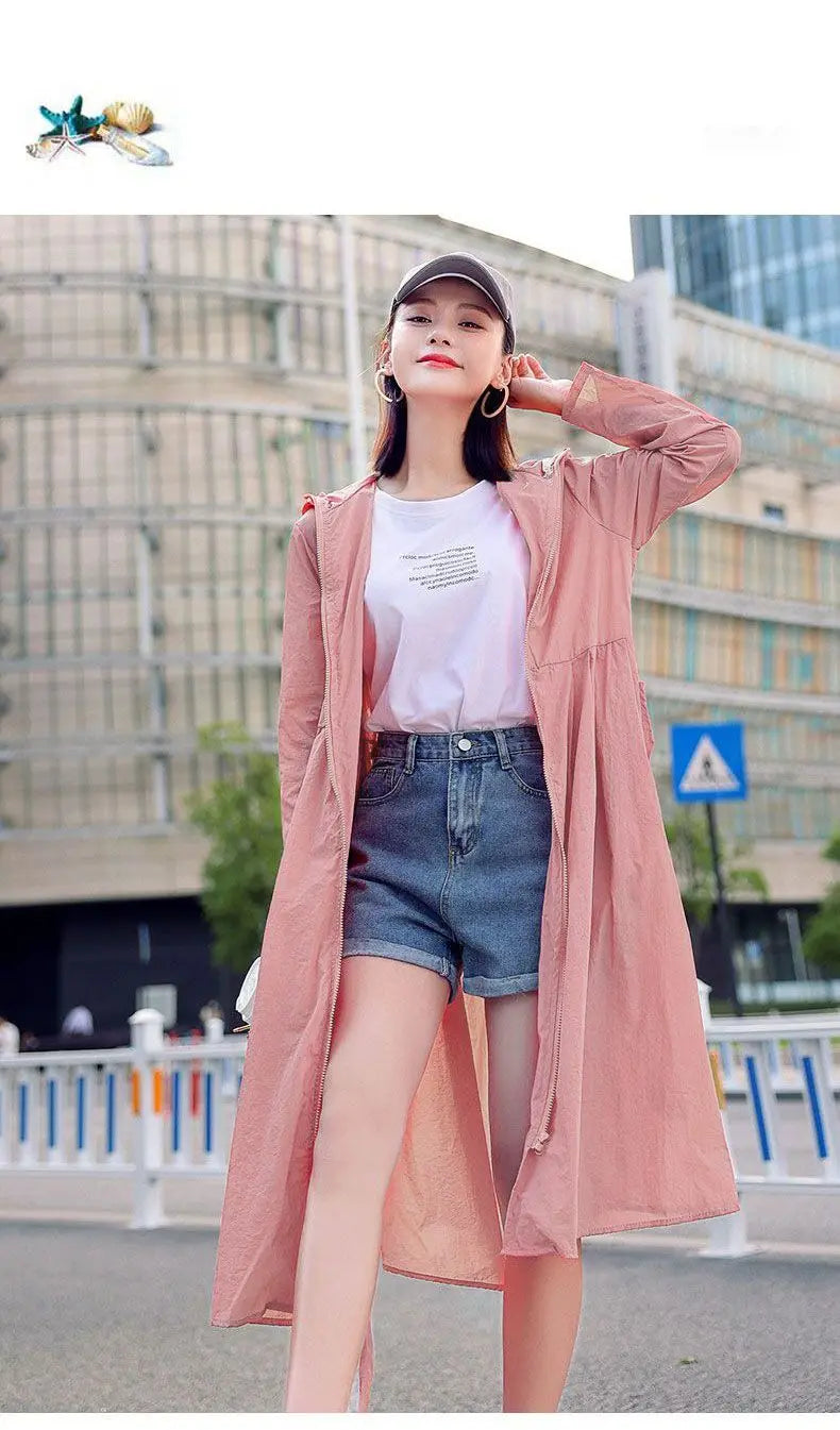 Women Clothing 2024 Women's Ultra-thin Windbreaker Mid-length Summer Sun Protection Clothes Coat Trend Korean Anti-UV Sun Cloak