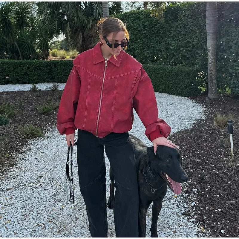 Solid Patchwork Cropped Coats Women Casual Lapel Long Sleeve Loose Zipper Pocket Short Jacket Fashion Autumn Lady Street Outwear