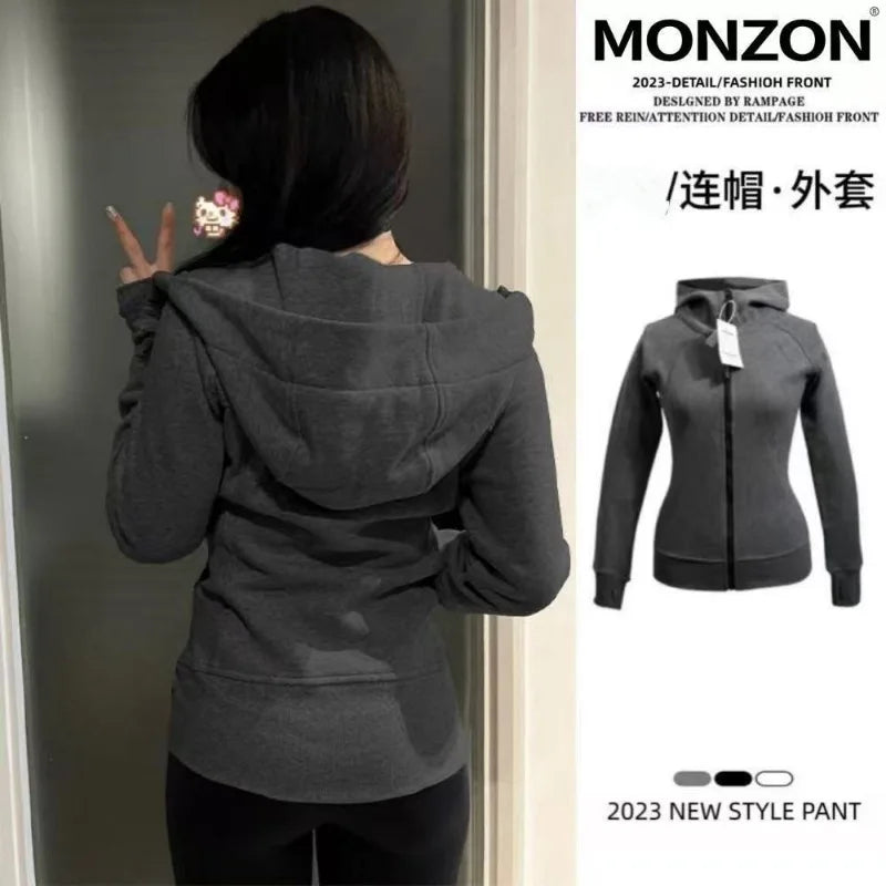 Slim Fit Hoodie Jacket Women's Spring Autumn Versatile Shoulder Length Waist Cinched Sporty Open Cardigan Hooded Top