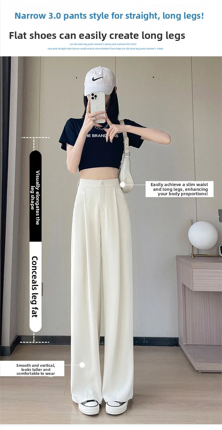 New Ice Silk Thin Straight Leg Suit Pants Women's Summer White Narrow Version XS1452025 High Waist Wide Leg Cotton Blend