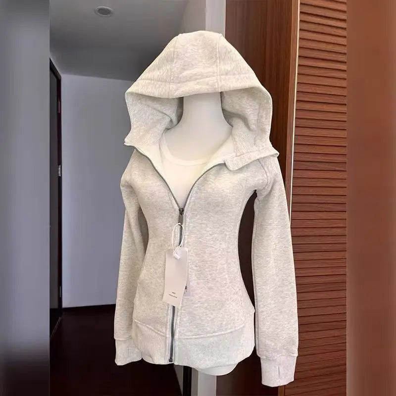 Slim Fit Hoodie Jacket Women's Spring Autumn Versatile Shoulder Length Waist Cinched Sporty Open Cardigan Hooded Top
